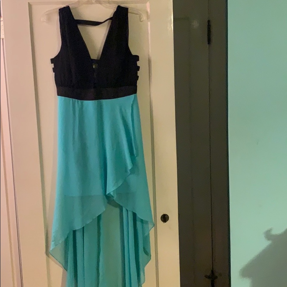 Black and mint green formal high low dress